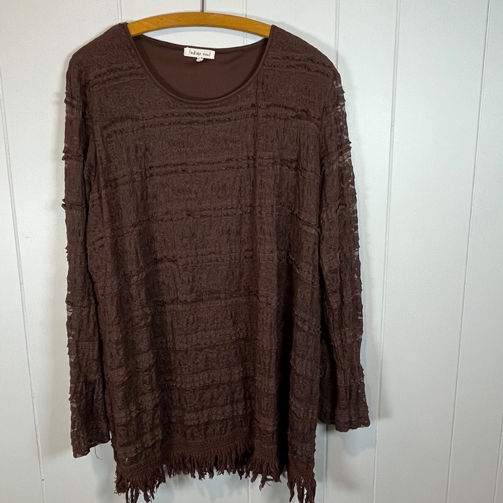 Indigo Soul Brown Lined Lace Tunic Fringe Hem Bell Sleeves sz XL Boho Indie